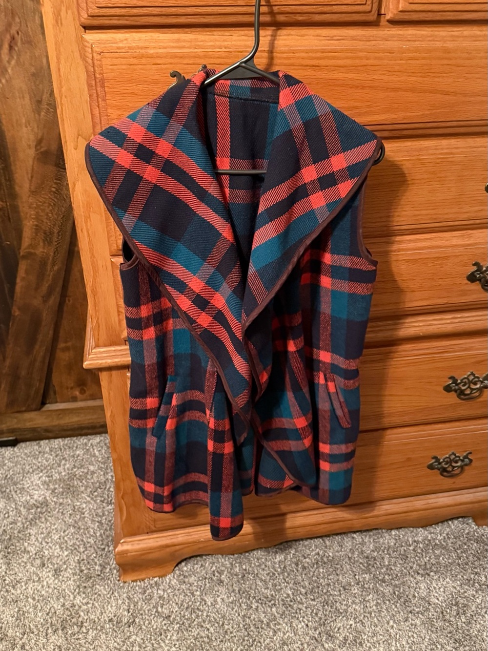 Plaid Open-Front Vest - Navy, Teal & Red